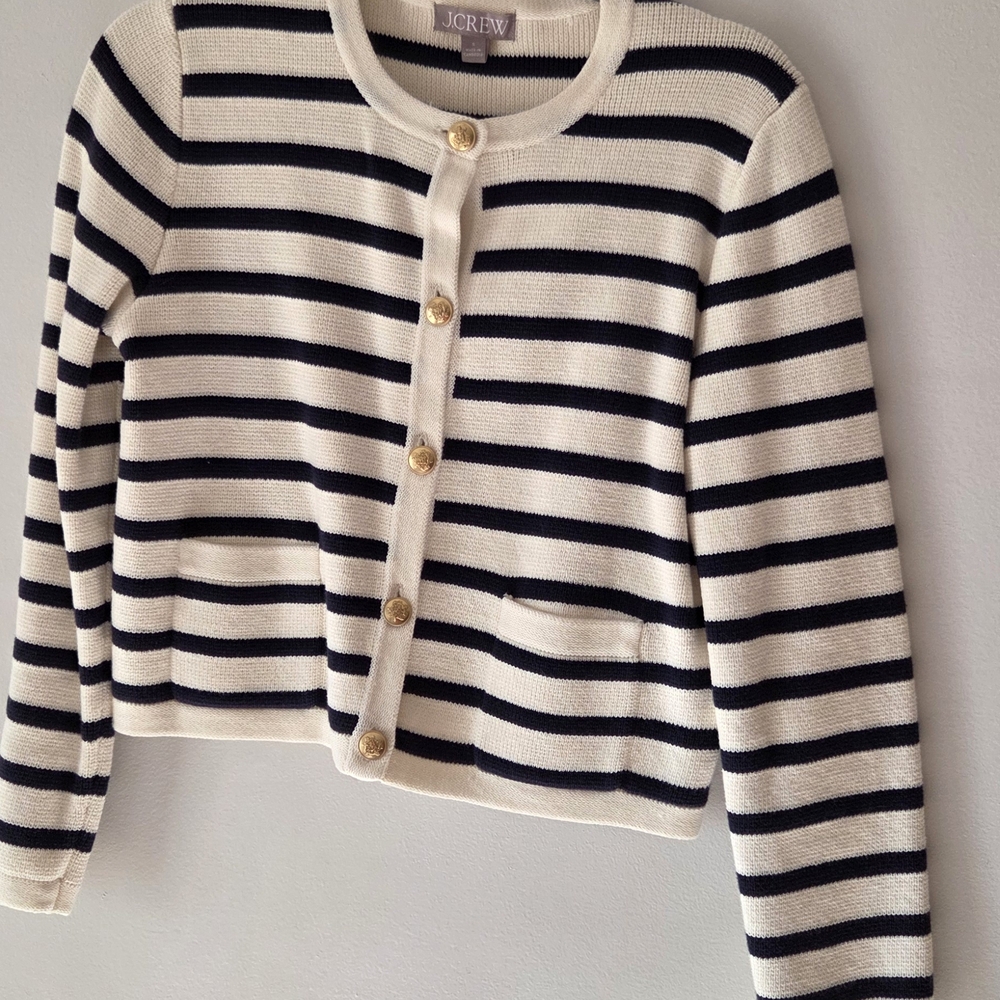 NWOT J. Crew Cream and Black Striped Gold-Button Cardigan